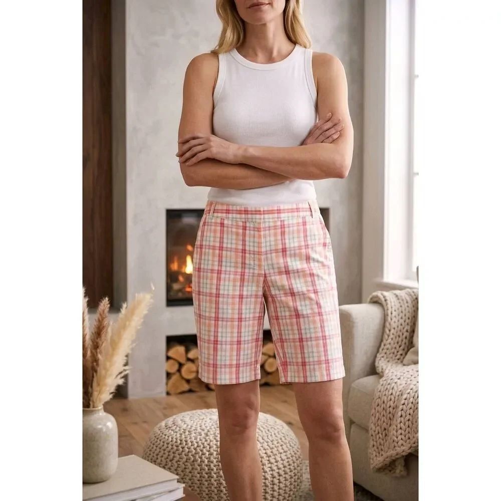 🔺️Izod Pink, White, & Peach Plaid Bermuda Shorts Size 6